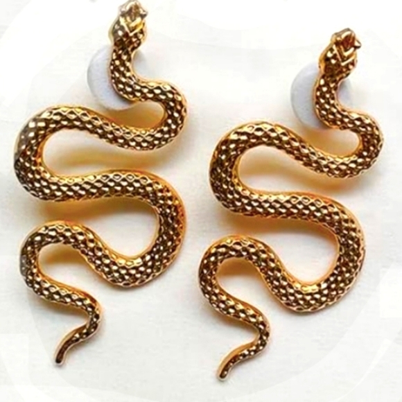 Gold Snake Earrings 3D Snakes Modern Nature Goth Glam Statement Post Halloween - Picture 2 of 9